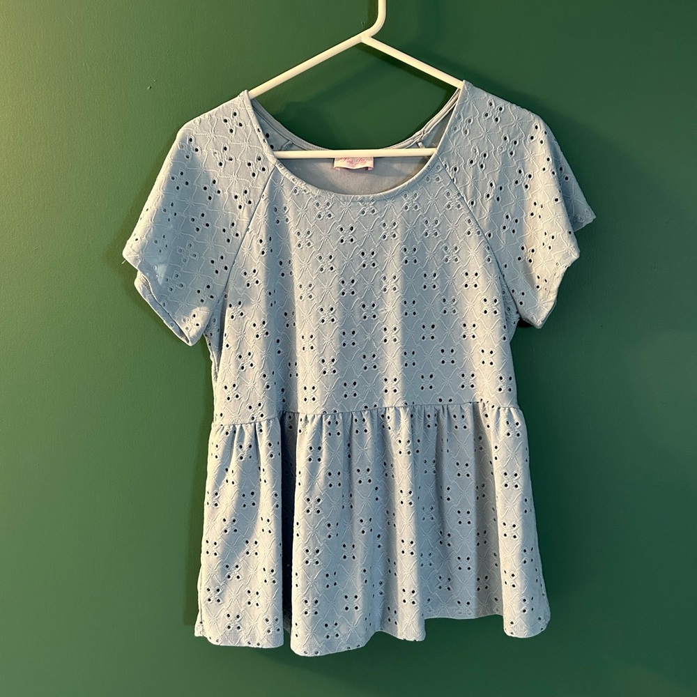 Light Baby Blue Eyelet Peplum Top